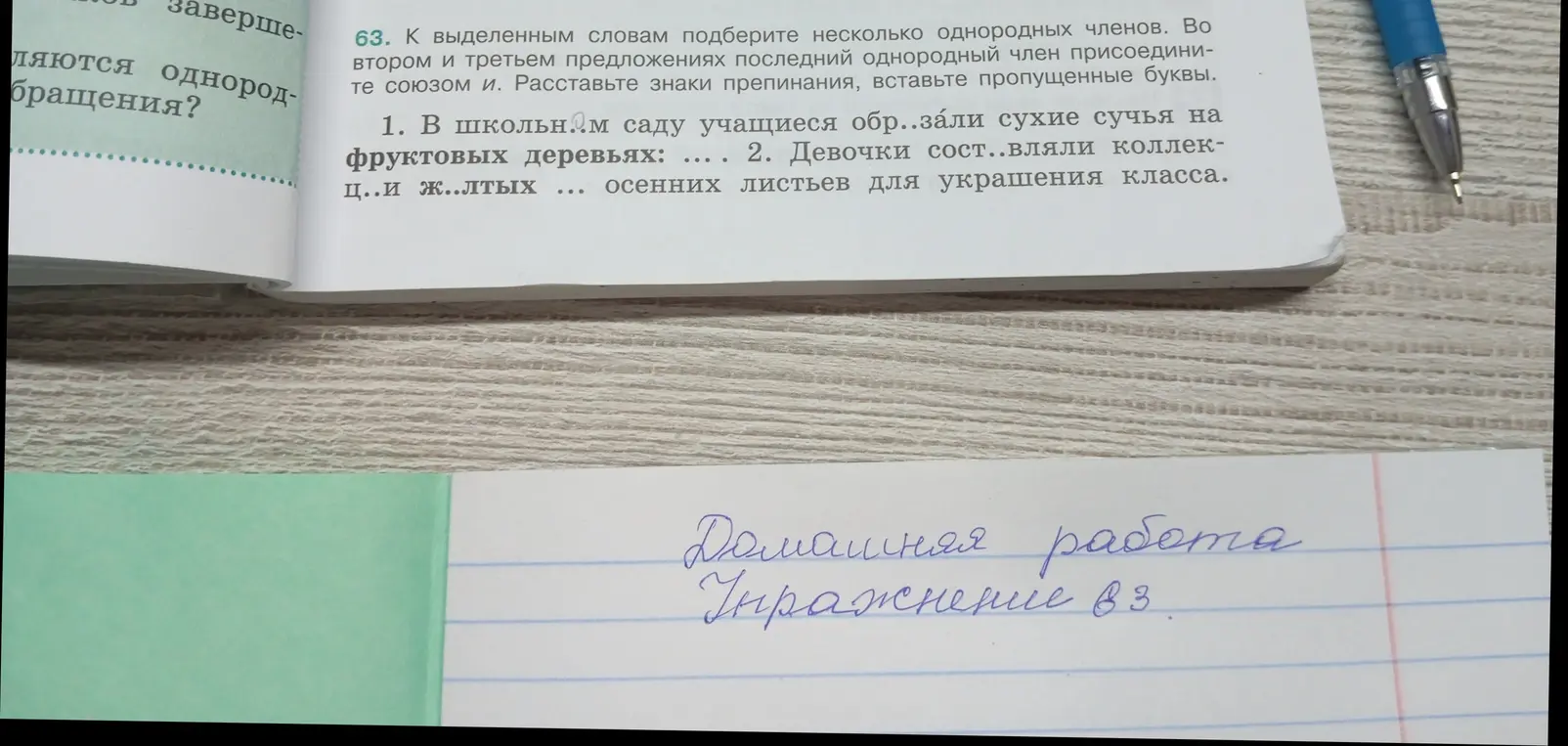 Вставь пропущенные буквы в упражнении 63 и подбери несколько однородных членов к выделенным словам.