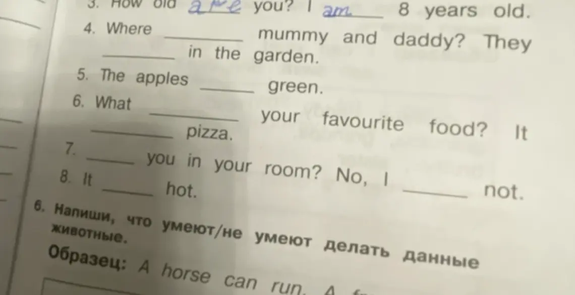 Ты просишь вставить пропущенные слова (am, is, are) в предложения.