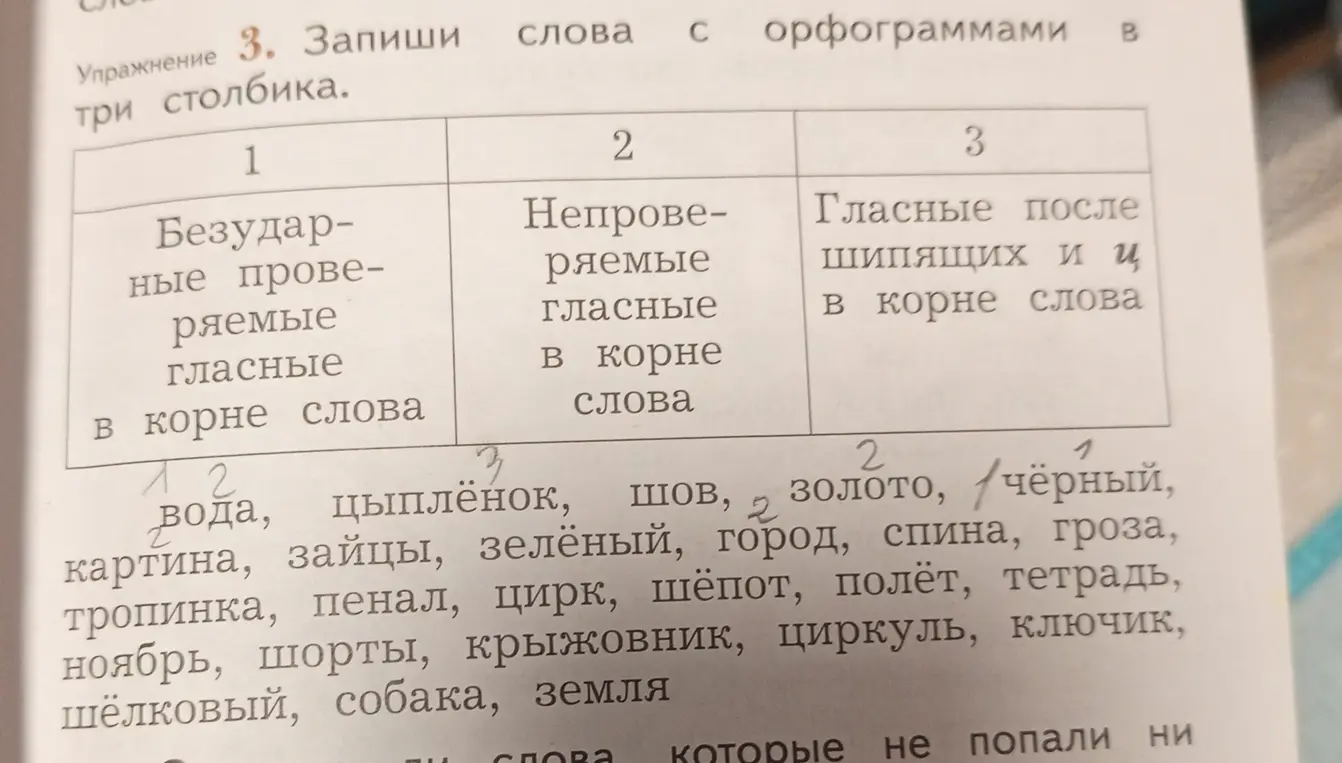 Ты просишь распределить слова с орфограммами в три столбика