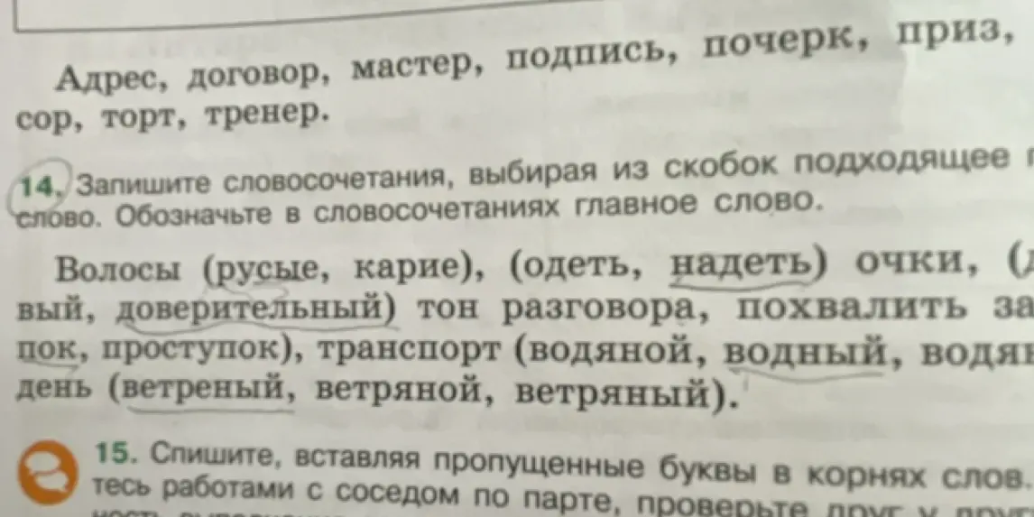 Выполни задание: запиши словосочетания, выбирая из скобок подходящее слово и обозначь главное слово