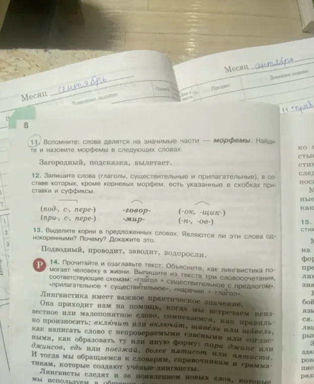 Объясни, как выполнить задания 11, 12, 13 и 14 по русскому языку: найти морфемы в словах, записать слова с заданными приставками и суффиксами, выделить корни и выписать словосочетания