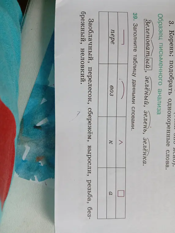 Заполни таблицу данными словами: заоблачный, перелесок, сбережём, выросли, резьба, безбрежный, неловкий