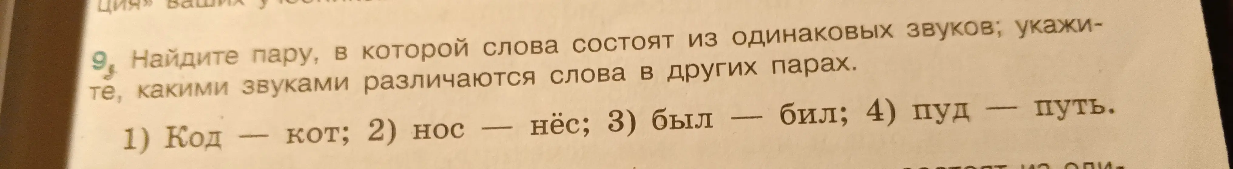 Найди пару, в которой слова состоят из одинаковых звуков в задании №9