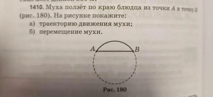 Покажи на рисунке траекторию движения и перемещение мухи, ползущей по краю блюдца из точки А в точку В