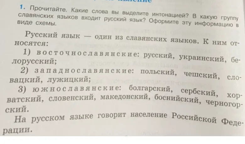 Какие слова ты выделишь интонацией в тексте о славянских языках? В какую группу славянских языков входит русский язык?