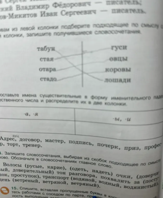 Помоги подобрать подходящие по смыслу словосочетания, распредели имена существительные в две колонки и запиши словосочетания, выбирая из скобок подходящее по смыслу слово.
