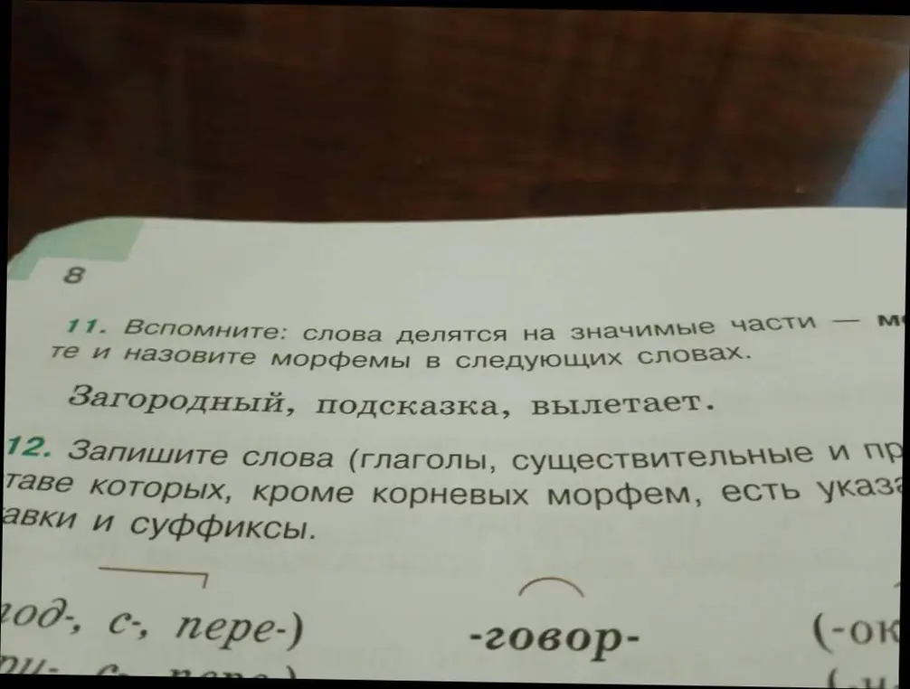 Вспомни, что слова делятся на значимые части – морфемы, и назови морфемы в словах: 'Загородный', 'подсказка', 'вылетает'.