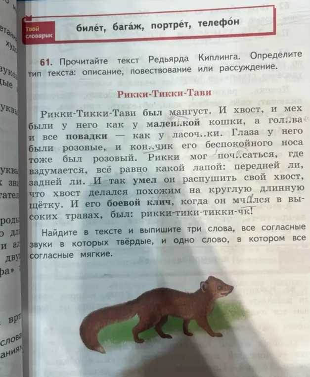 Определи тип текста в рассказе «Рикки-Тикки-Тави»: описание, повествование или рассуждение и найди слова с твёрдыми и мягкими согласными