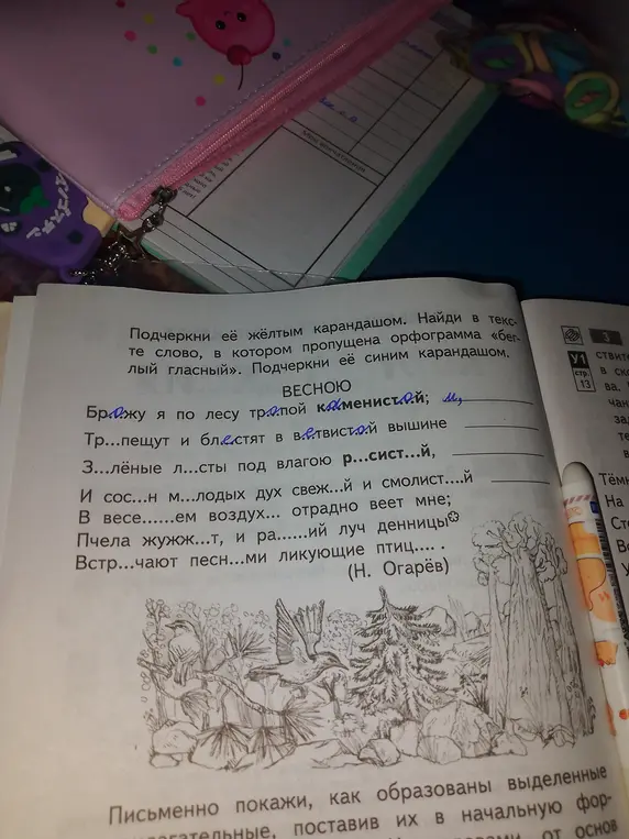 Объясни, как выполнить задания: подчеркни жёлтым карандашом орфограмму, вставь буквы в слова и покажи как образованы выделенные прилагательные.