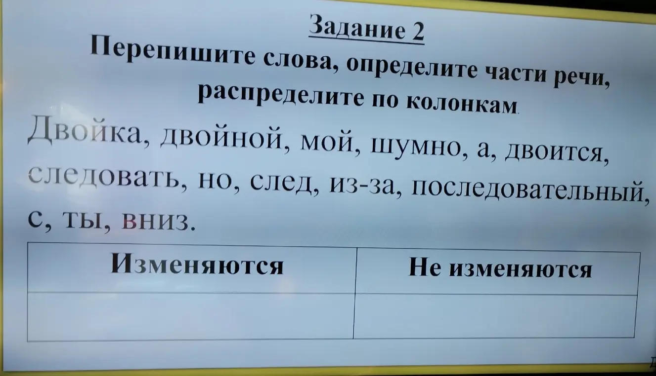 Определи часть речи и распредели по колонкам слова: Двойка, двойной, мой, шумно, а, двоится, следовать, но, след, из-за, последовательный, с, ты, вниз.