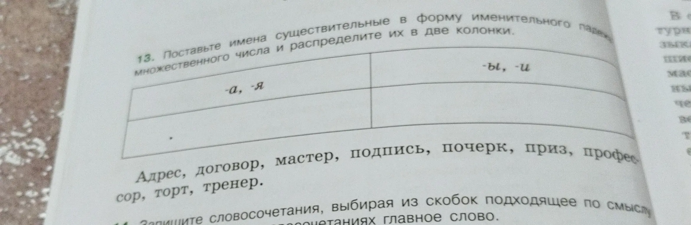 Поставь имена существительные в форму множественного числа и распредели их в две колонки