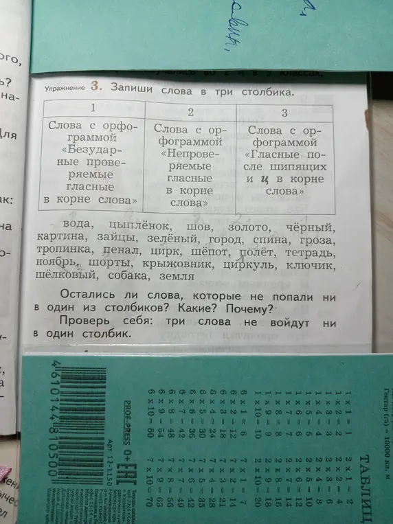 Запиши слова в три столбика