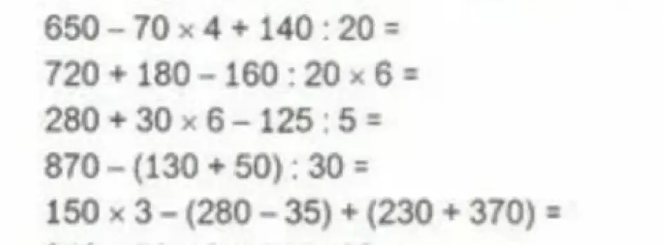 Вычисли значения выражений: 650-70 x 4 + 140:20 =