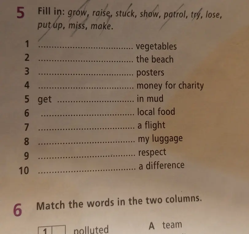 Заполни пропуски словами: grow, raise, stuck, show, patrol, trý, lose, put up, miss, make. 1. ... vegetables