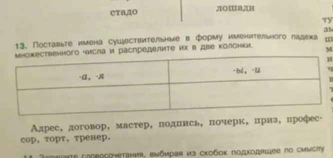 Помоги распределить имена существительные в форму именительного падежа множественного числа по двум колонкам: с окончаниями -а, -я и с окончаниями -ы, -и.