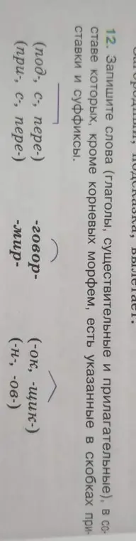 Составь слова (глаголы, существительные и прилагательные), в составе которых, кроме корневых морфем, есть указанные в скобках приставки и суффиксы.