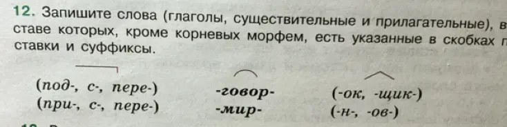Составь слова, в составе которых, кроме корневых морфем, есть указанные в скобках приставки и суффиксы