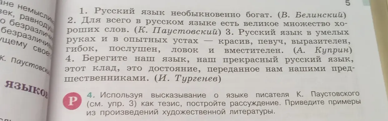 Можешь ли ты помочь мне, используя высказывание о языке писателя К. Паустовского (см. упр. 3) как тезис, построить рассуждение и привести примеры из произведений художественной литературы?