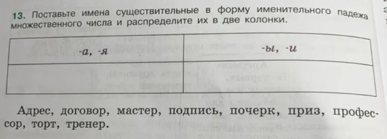 Предложи имена существительные в форму именительного падежа множественного числа и распредели их в две колонки