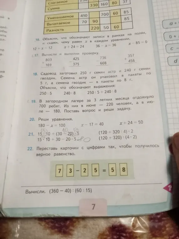 Объясни, что обозначают записи в рамках на полях, и скажи, чему равен x в каждом уравнении 12+x=12