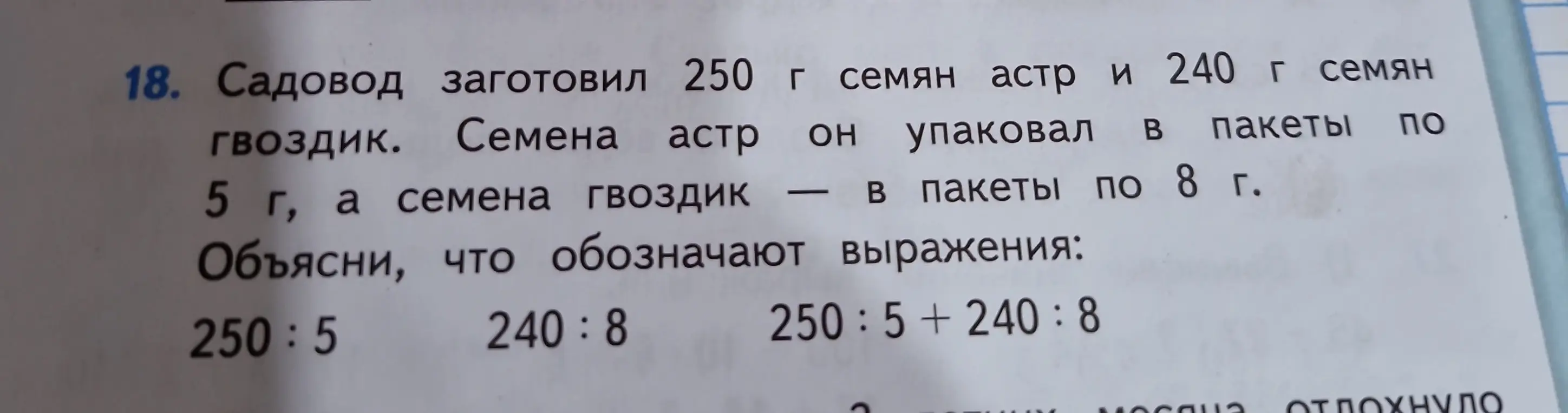 Объясни, что обозначают выражения: 250:5, 240:8, 250:5+240:8