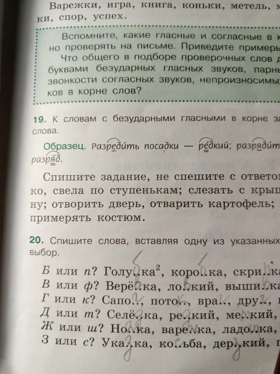 Помоги в задании 20: Спиши слова, вставляя одну из указанных букв на выбор.