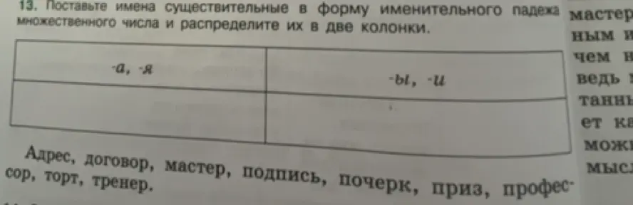 Поставь имена существительные в форму именительного падежа множественного числа и распредели их в две колонки