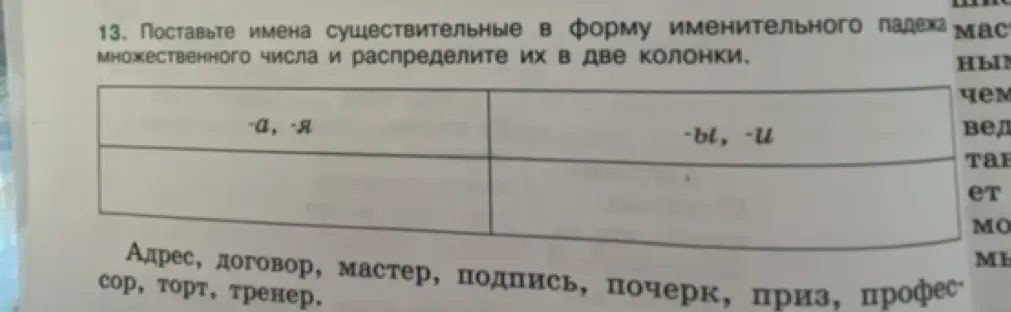 Помоги образовать форму множественного числа имён существительных в именительном падеже и распредели их в две колонки