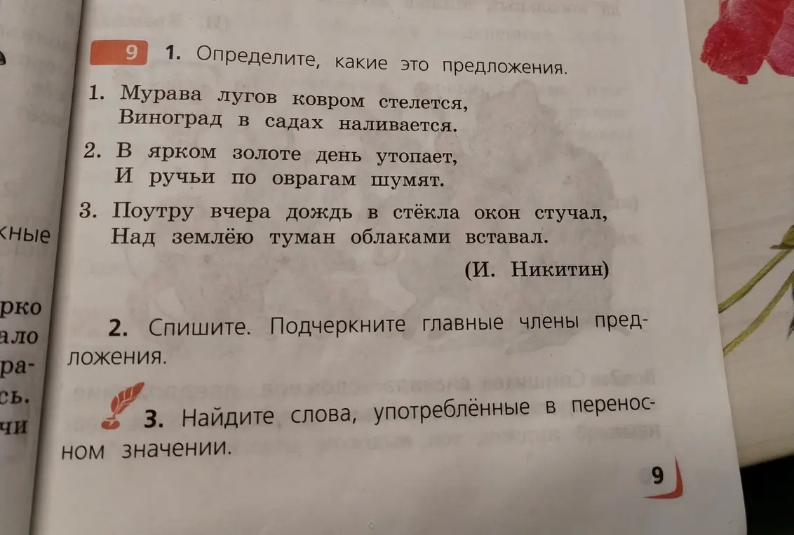 Ты просишь определить тип предложений, подчеркнуть главные члены предложения и найти слова, употреблённые в переносном значении в упражнении по русскому языку.