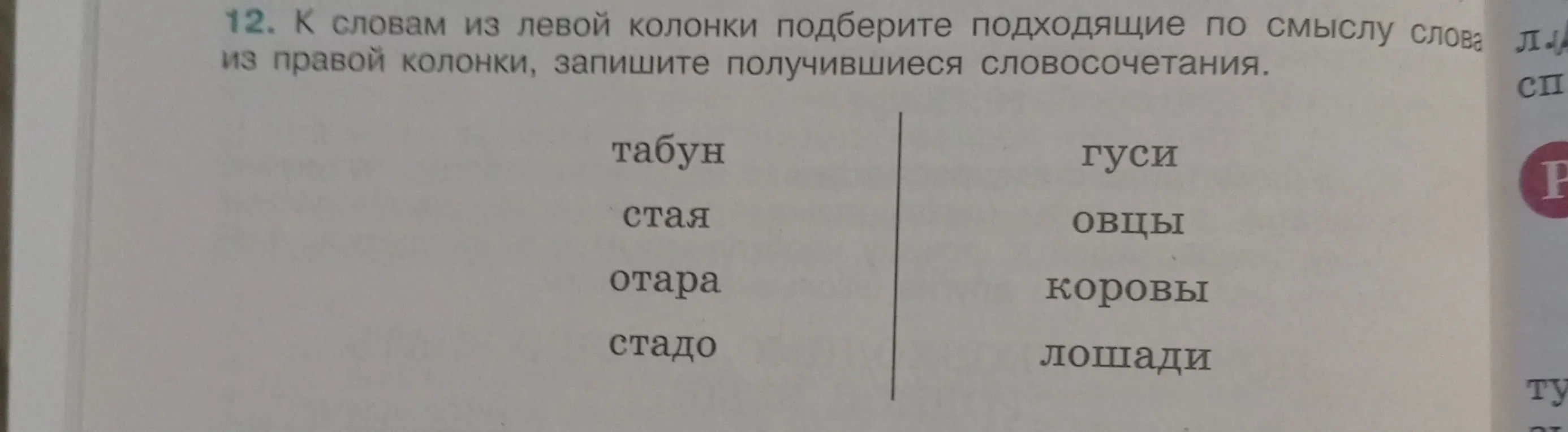 Подбери подходящие по смыслу слова из правой колонки к словам из левой колонки, запиши получившиеся словосочетания.
