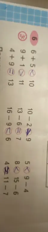 Проверь правильность решения примеров: 6 + 5 > 10
