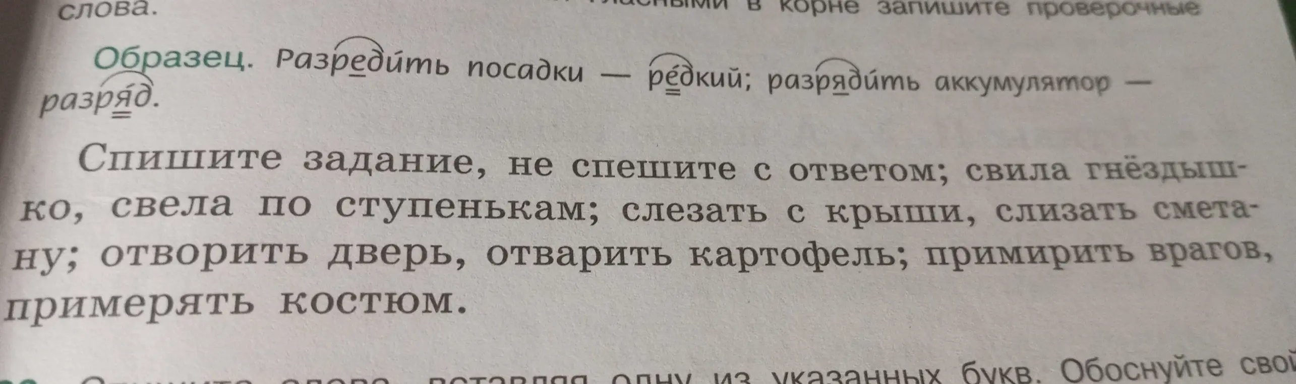 Ты просишь списать задание, вставляя пропущенные буквы и подбирая проверочные слова в упражнении.