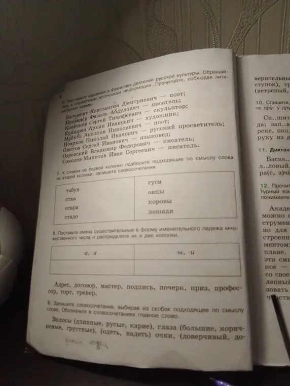 Выполни упражнения 7, 8 и 9: подбери подходящие по смыслу слова, поставь имена существительные во множественном числе, запиши словосочетания, выбирая подходящие по смыслу слова
