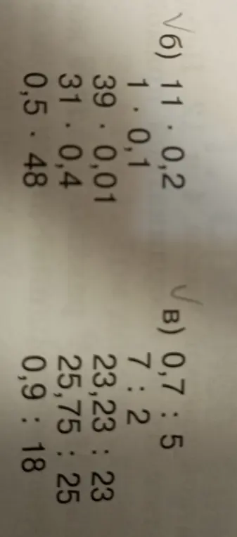 Объясни, как решить примеры: 0,7 : 5; 7 : 2; 23,23 : 23; 25,75 : 25; 0,9 : 18 и 11 * 0,2; 1 * 0,1; 39 * 0,01; 31 * 0,4; 0,5 * 48