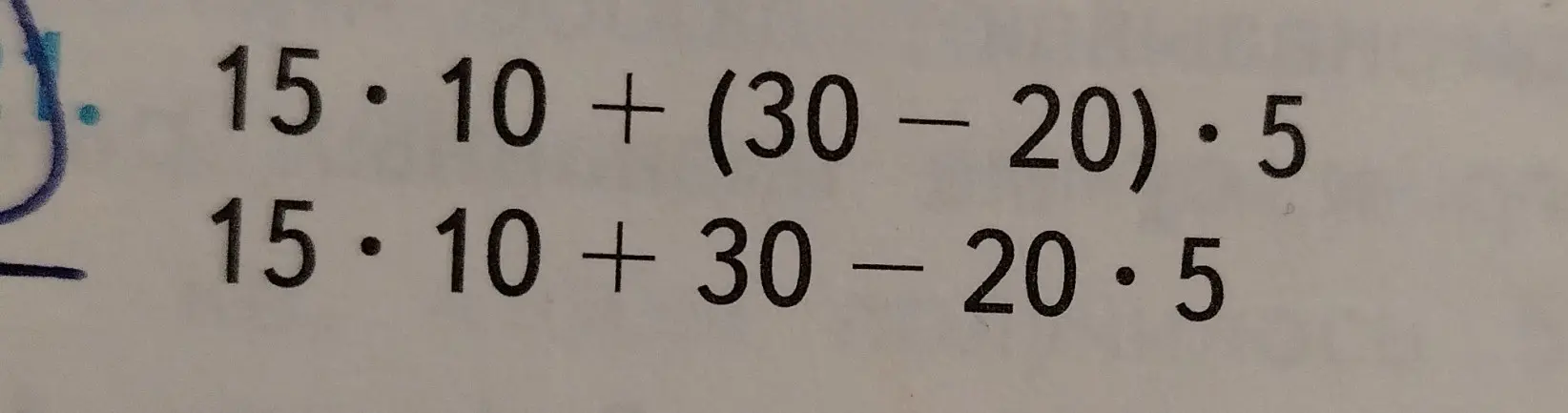 Реши примеры: 1) 15*10 + (30 - 20)*5, 2) 15*10 + 30 - 20*5
