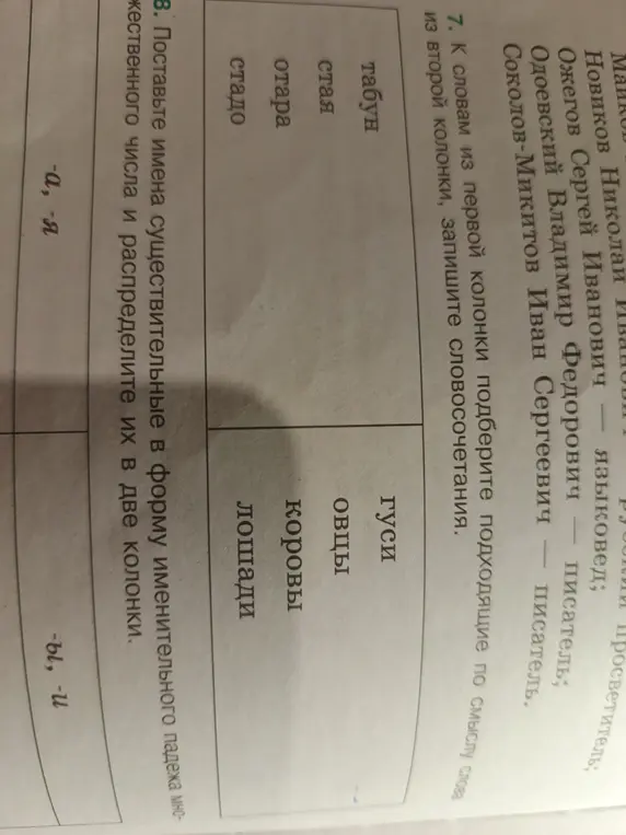 Выполни задание: к словам из первой колонки подбери подходящие по смыслу слова из второй колонки и запиши словосочетания, поставь имена существительные в форму именительного падежа множественного числа и распредели их в две колонки.
