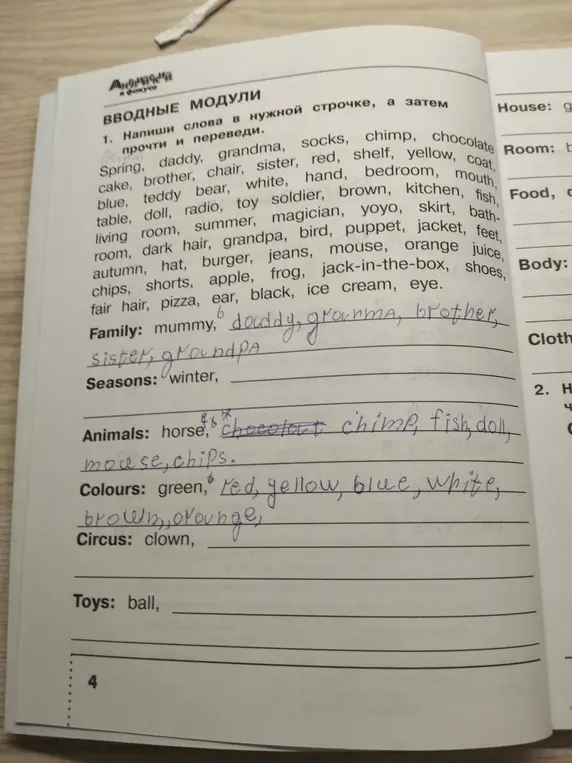 Ты просишь написать слова в нужной строчке, а затем прочесть и перевести их.