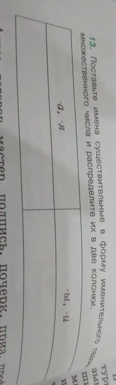 Поставь имена существительные в форму именительного падежа множественного числа и распредели их в две колонки