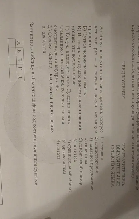 Выбери из второго столбца выразительные средства языка, которые соответствуют предложениям из первого столбца