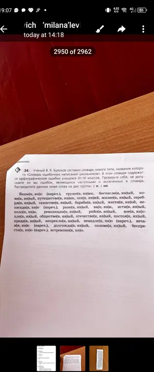 Распредели слова из упражнения 24 на две группы: с Н и с НН
