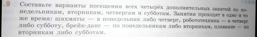 Составь варианты посещения всех четырёх дополнительных занятий по понедельникам, вторникам, четвергам и субботам