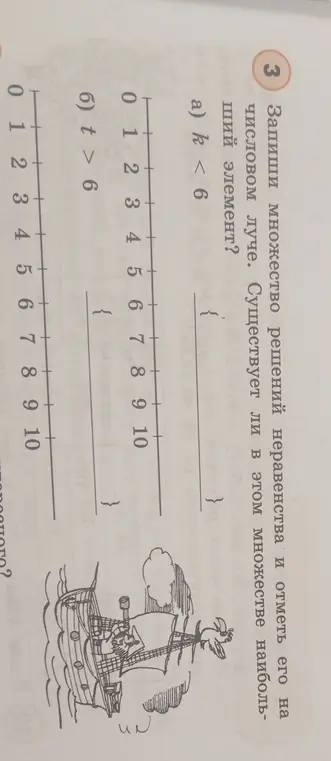 Запиши множество решений неравенства k < 6 и отметь его на числовом луче