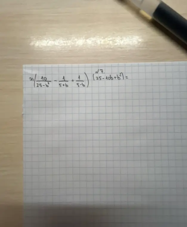 Помоги решить пример (\frac{10}{25-b^2} - \frac{1}{5+b} + \frac{1}{5-b}) * (25-10b+b^2)^{\frac{1}{7}}