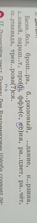 Вставь пропущенные буквы в слова: 'баскетбол, брош..ра, б..рюзовый, ..дание, к..рзина, л..ловый, параш..т, про(ф, фф)е(с, со)ия, ра..цвет, ра..чёт, сп..ртакиада, трен..рова(?)ся'
