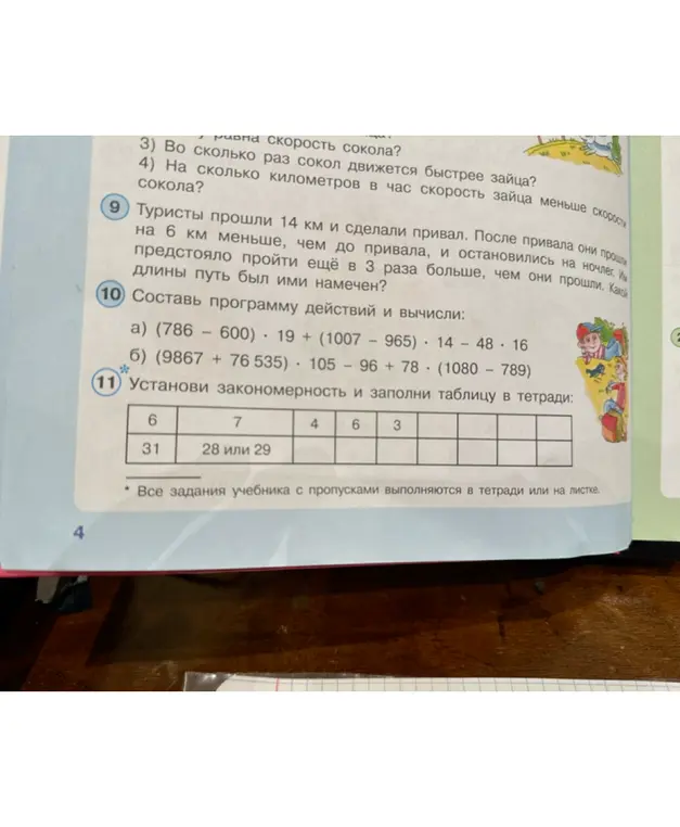 Помоги решить задачу про туристов, составить программу действий и вычислить выражения, установить закономерность и заполнить таблицу в тетради