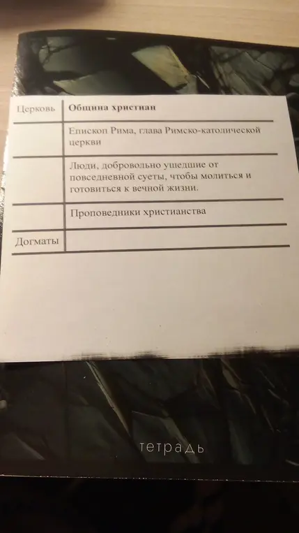 Заполни таблицу по истории: определи, что такое церковь, проповедники и догматы