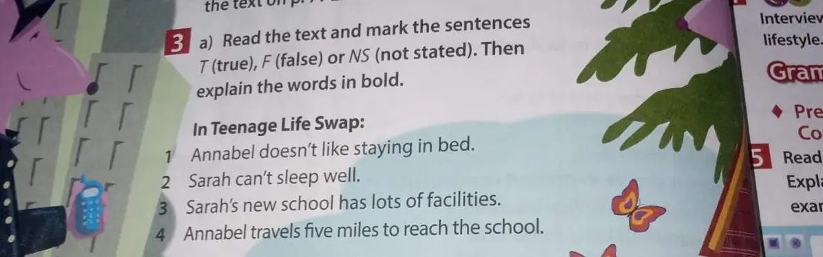 Ты просишь прочитать текст "In Teenage Life Swap" и отметить предложения как правдивые (T), ложные (F) или не указанные (NS).