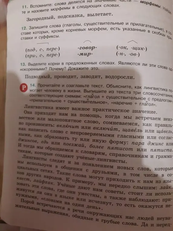 Выполни морфемный разбор слов 'Загородный, подсказка, вылетает', составь слова с приставками и суффиксами, выдели корни в словах 'Подводный, проводит, заводит, водоросли' и укажи, являются ли они однокоренными, прочитай и озаглавь текст и выпиши словосочетания по схемам