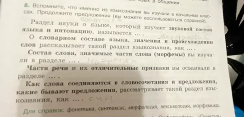 Напомни, как называются разделы науки о языке: фонетика, лексикология, морфемика, морфология и синтаксис.