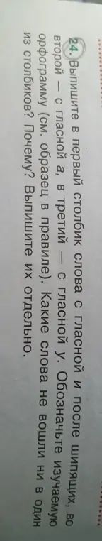 Выпиши в первый столбик слова с гласной А и после шипящих, во второй — с гласной У. Обозначьте изучаемую орфограмму